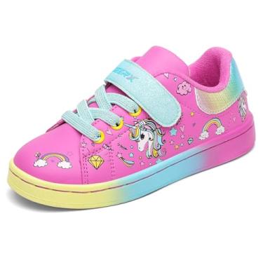 Imagem de GEERX Tênis infantil para meninas, leve, casual, alça ajustável, bonito unicórnio, confortável para caminhada e corrida (bebê/criança pequena), Azul fúcsia, 15