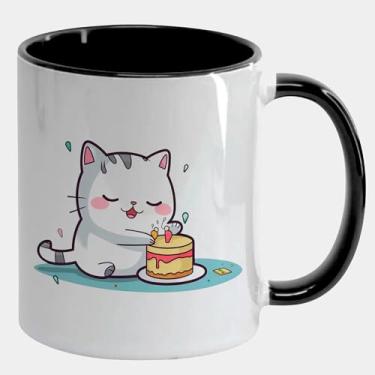 Imagem de Caneca Branca com Alça e Interna Preta de Porcelana 325ml GATO BRANCO BOLO ANIVERSARIO