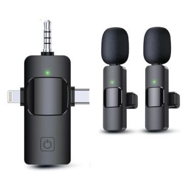 Imagem de Microfones de lapela 3 em 1 sem fio para iPhone, iPad, câmera e dispositivos Android, mini microfone para gravação, microfone de lapela com redução de ruído, microfone de clipe para gravação de vídeo,