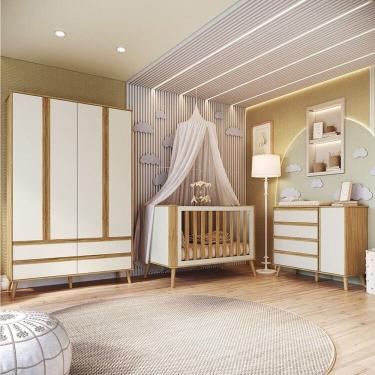 Imagem de Quarto de Bebê Completo Guarda Roupa 4 Portas Cômoda e Berço Minicama Luly 100% Mdf Espresso Móveis Branco Brilho/Amêndoa