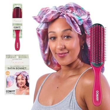 Imagem de CONAIR Touca de cabelo Tamera Mowry Collection com estampa de redemoinho de cetim com escova de definição de cachos bônus - escova de cabelo de cerdas de nylon - escova de cabelo para alisar cachos