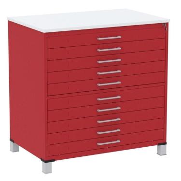Imagem de Mapoteca 10 Gavetas Pandin 120 Cm (larg) Inmetro Tampo Mdp Branco Estrutura E Gaveta Em Aço Vermelho