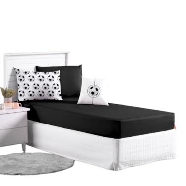 Imagem de Jogo Lençol Roupa Cama Infantil Solteiro 4 Peças Fronha Elastico Quarto Criança Menino Futebol Preto