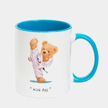 Imagem de Caneca Branca Interna Alça Azul Claro Porcelana - URSO TEDDY LUTANDO JIU JITSU