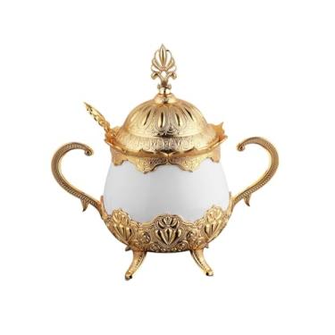 Imagem de Alisveristime Açucareiro de porcelana turca com detalhes e colher de metal Zamac – Jarra de açúcar decorativa elegante inspirada em otomanos (15 cm x 10 cm x 10 cm) (dourado)