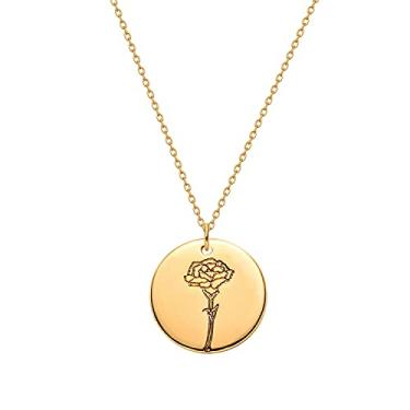 Imagem de MYEARS Colares femininos de moedas de ouro para o mês de nascimento, buquê de flor, pingente de medalha redonda gravado, floral, banhado a ouro 14 K, combinando, joias personalizadas, aniversário