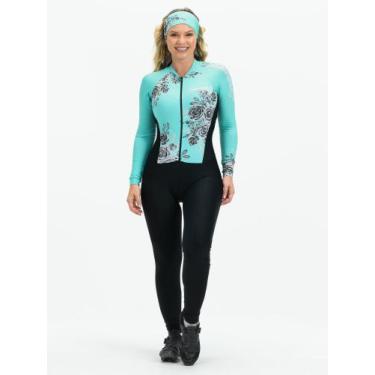 Imagem de Macacão Ciclismo Feminino Turqueza Flowers Black Savancini (3502FB), P