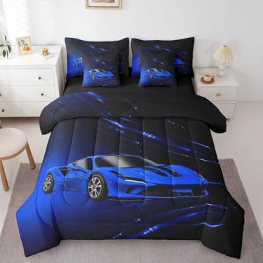 Imagem de Feelyou Conjunto de cama solteiro com carro de corrida azul, 7 peças, para crianças, adolescentes e adultos, para crianças, adolescentes e adultos, conjunto de cama ombré azul