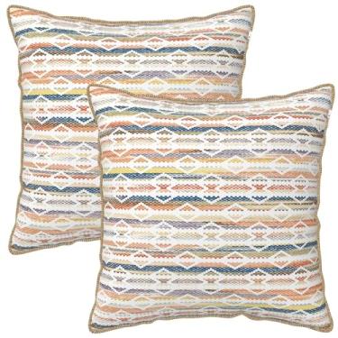 Imagem de Jencoleekim Boho Capas de almofada decorativas de veludo com listras coloridas 45,7 x 45,7 cm, conjunto de 2 fronhas geométricas vermelhas, amarelas, azuis, capa de almofada macia para casa de fazenda