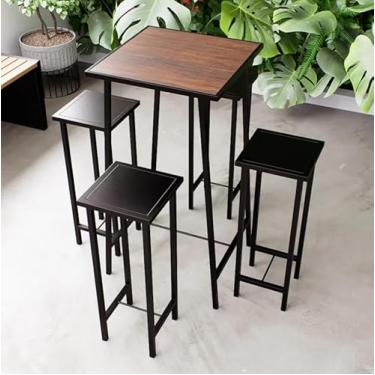 Imagem de Conjunto Mesa Alta Bar Bistrô Imbuia 4 Bancos Preto Botequim Industrial Black
