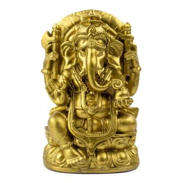Imagem de Escultura Ganesh no Trono Dourado 12 cm em Resina - Lua Mística - 100%