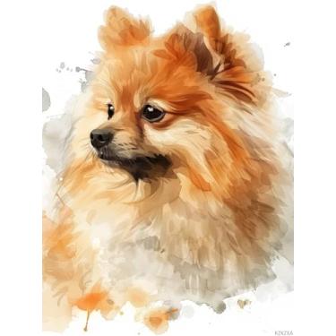 Imagem de KZKZXA Aquarela Pomeranian Dog 5D Diamond Art Painting for Adults Full Drill Round Diamond Paint by Number Kits para Iniciantes Gemas Ponto Cruz para Decoração de Parede 30 x 40 cm