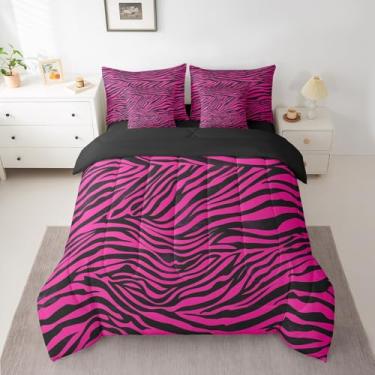 Imagem de Feelyou Conjunto de cama zebra para todas as estações, com estampa animal, 7 peças, para crianças, meninos, meninas, rosa choque em uma bolsa com edredom, lençóis, fronhas e capa de almofada