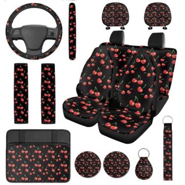 Imagem de DBBXHZJY Conjunto completo de 14 peças de capas de assento de carro cereja com capa de volante automotivo almofadas de cinto de segurança almofada de apoio de braço porta-copos porta-copos chaveiro