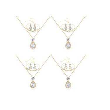 Imagem de secrezone Conjunto de colar de brincos de zircão de lágrima elegante banhado a ouro prata para damas de honra, joias de zircônia cúbica cintilante, presente de casamento, 4/5/6 peças, Pedra preciosa
