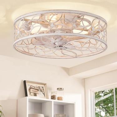 Imagem de LEDIARY Ventiladores de teto enjaulados com luzes, ventilador de teto de montagem embutida branco com controle remoto, luminária de ventilador de teto sem lâmina de perfil baixo pequeno para quarto,
