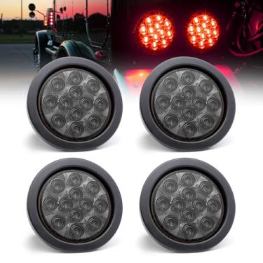 Imagem de Meerkatt (Pacote com 4) Marcador lateral redondo de LED vermelho de 10 cm, 12 diodos, luzes traseiras de freio, plugue e montagem de superfície de borracha, caminhão, reboque, trailer, quadriciclo, ônibus, van, caminhonete, carro, 12 V DC Universal GA12