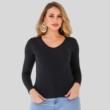 Imagem de Blusa decote V Manga Longa Segunda Pele Preta - Mayara Manzano, Preto,