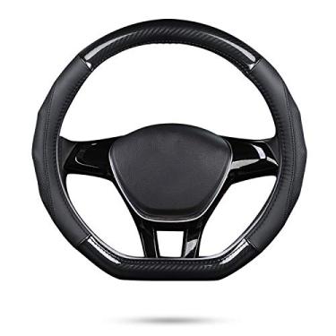Imagem de Ergocar Capa de volante de carro antiderrapante protetor de volante esportivo em forma de D e couro de vaca de primeira camada universal para diâmetro de 38 cm (15") (D-preto)
