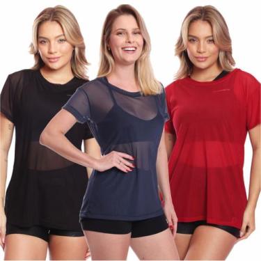 Imagem de Kit 3 Blusa Manga Curta Tule Transparente Treino Academia Fitness - MC