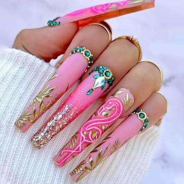 Imagem de RUOKEXIN Unhas Postiças De Caixão Com Longa Duração, Rosa, Desenhos Folhas Douradas, Glitter, Cola, Brilhante, Artificial, Outono, Bonito, Bastão Para Mulheres, 24 Peças