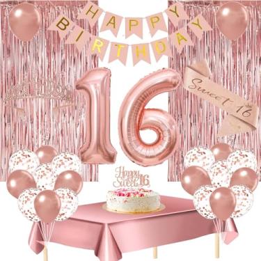 Imagem de xinkerco Decorações Para Festa De 16 Anos, Aniversário Anos Meninas, Incluindo Faixas Festa, Cortinas, Topo Bolo, Faixa, Coroa, Balões, Toalha Mesa, Dezesseis
