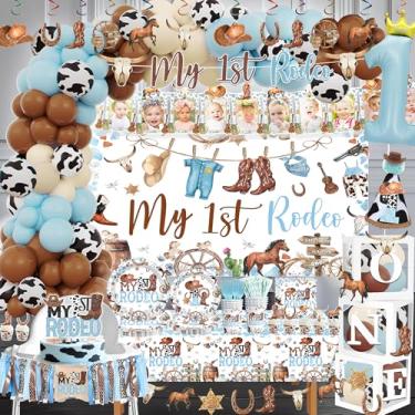 Imagem de METIXOZE Decorações De Aniversário Para Meu Primeiro Rodeio, Cowboy, Suprimentos Festa 1 Ano, Utensílios Mesa Cadeira Alta, Faixa Coroa, Arco Balões, Caixa Fundo, Toalha Fotos, Serve 20 Pessoas