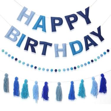 Imagem de Ohiyoo Faixa De Feliz Aniversário Pré-Enfiada, Bola Feltro, Guirlanda, Sinal Para Decoração Festa Azul, Cachorro