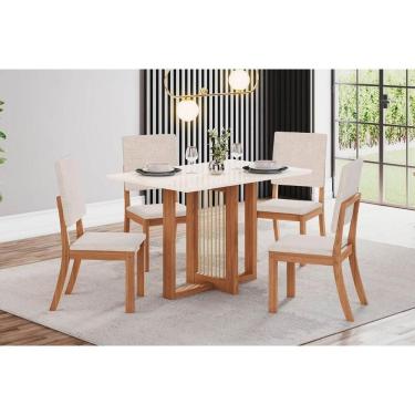Imagem de Conjunto: Mesa de Cozinha Natalí c/ Tampo Madeirado Reto s/ Vidro 120x80cm e 4 Cadeiras Milla Nature/Off White - Linho Bege - Henn