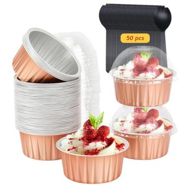Imagem de Pacote com 50 forros de cupcake de alumínio jumbo de 147 g com tampas, embalagem com 50, ramekins descartáveis de ar livre, forma de muffin, mini formas de bolo para bolo, suportes para mini formas de cupcake - champanhe
