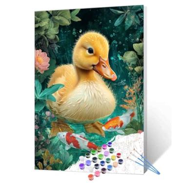Imagem de Linda pintura de natação de pato amarelo por números Koi Fish in the Water DIY pintura em tela com pincéis pigmento animal pintura artesanato DIY pintura decoração de casa desenhos presente 16x20