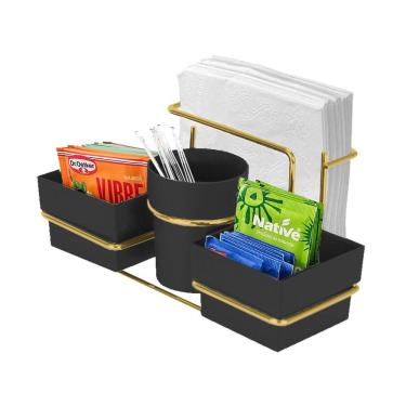 Imagem de Suporte Porta Sachês Guardanapos Mexedor Açucar Chá Preto Dourado -1224PTD Future