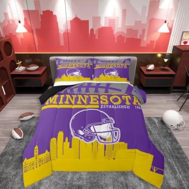 Imagem de Jogo de cama com estampa de futebol americano, cidade, esportivo, para meninos e crianças, conjunto de edredom completo com capacete de futebol americano (Minnesota)
