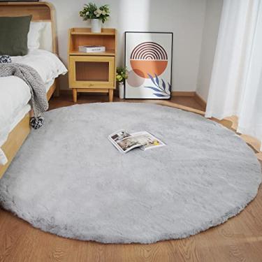 Imagem de Ghouse Tapete redondo de pele de coelho sintética, 1,5 m, cinza e redondo, para decoração de quarto, tapetes macios para sala de estar, tapete lavável de pele de carneiro