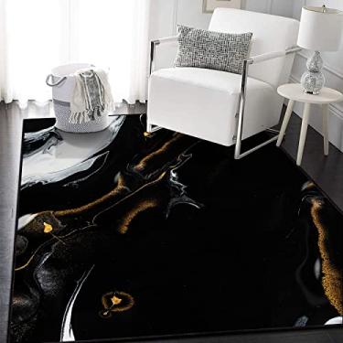 Imagem de Tapete de área de coleção abstrata moderna - tapete de entrada lavável de 9,5 cm x 1,5 m tapete antiderrapante de luxo com textura de mármore para quarto, sala de jantar, decoração de escritório em casa embaixo da cozinha (preto/dourado)