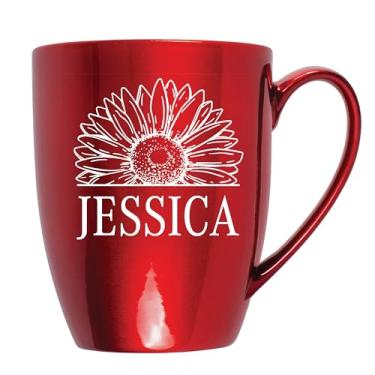 Imagem de Elanze Designs Jessica Caneca de café clássica de cerâmica brilhante com nome floral de flor de girassol gravada a laser de 293 ml, copo de bebida quente e fria para cozinha, vermelho cardeal metálico