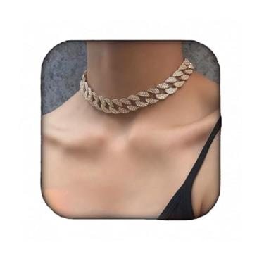Imagem de RELOVET Colar de tênis grosso Miami, zircônia cúbica, diamante sintético, strass, corrente de elos gelados, gargantilha, festa, formatura, concursos, moda hip hop, para mulheres e homens (dourado)