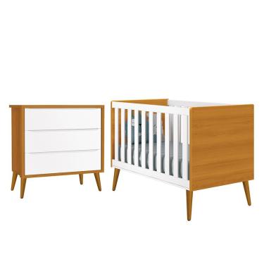 Imagem de Jogo de Quarto Infantil Theo Retrô Cômoda 3 Gavetas e Berço com Pés Amadeirado - Reller Móveis Branco/Savana