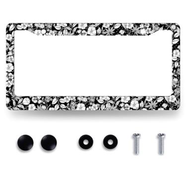 Imagem de Moldura para placa de licença de flores tropicais preto branco boho suporte de placa de licença floral engraçado peças automotivas aço inoxidável universal decoração de carros para homens mulheres 31