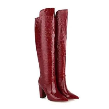 Imagem de Bota Feminina Over the Knee em Couro Croco Marrom, Salto Alto 10cm, Cano Longo (Vinho, BR, Adulto, Numérico, M, 35)