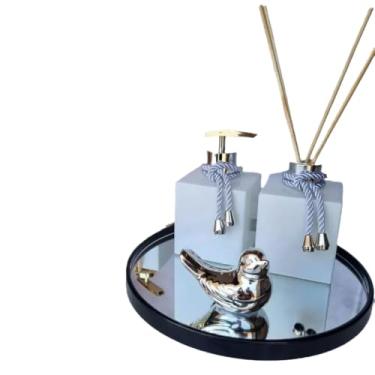 Imagem de Bandeja Espelhada Banheiro Lavabo Bandeja Decorativa Multiuso(Redonda Bolinhas Preta)