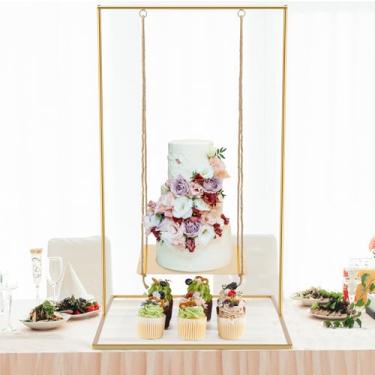 Imagem de Lallisa Suporte de bolo giratório de metal dourado com 2,8 metros de altura para exibição de sobremesa com corda de juta Suporte flutuante para bolo para decoração de casamento, aniversário, chá de
