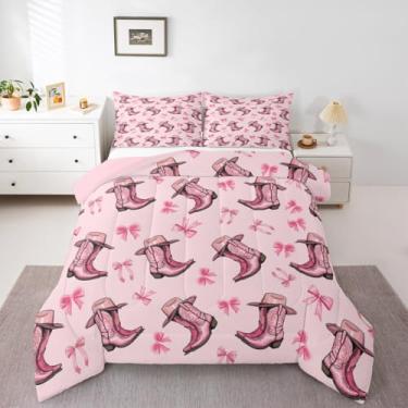 Imagem de jejeloiu Coquette Conjunto de cama casal com laços, botas femininas, edredom para meninos, meninas, crianças, rosa, edredom para decoração de quarto, microfibra macia e respirável para todas as