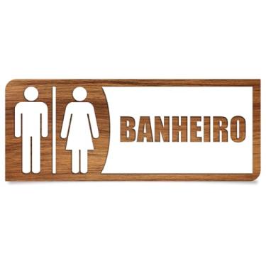 Imagem de Placa de Sinalização para Banheiro Unissex, Efeito Madeira, 25 x 10 cm, Recorte a Laser, com Fita Dupla Face Masculino/Feminino