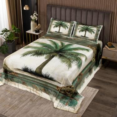 Imagem de Conjunto de cama solteiro de coqueiro, palmeira verde, 2 peças para decoração de quarto de crianças, adolescentes, mulheres, homens, conjunto de edredom com plantas tropicais, fazenda rústica, marrom