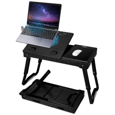 Imagem de Zorpupoa Mesa dobrável para laptop, mesa de notebook portátil, suporte de laptop ajustável em altura com ventilador de resfriamento, luz de LED, 4 portas USB, bandeja de café da manhã, ranhura de