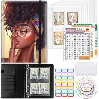 Imagem de Desafio de economia de dinheiro com 100 envelopes, fichário A5 reutilizável de couro PU com rastreador flexível de 3 folhas $5050, $10.0000, $500, fichário de dinheiro, pasta organizadora de dinheiro