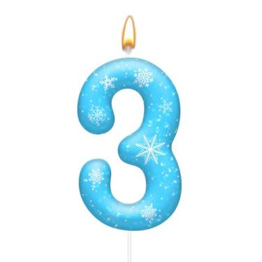 Imagem de Velas brancas e azuis de aniversário com tema Frozen - velas azuis com números de floco de neve, decorações de festa temáticas, suprimentos de festa para meninas (número 3)