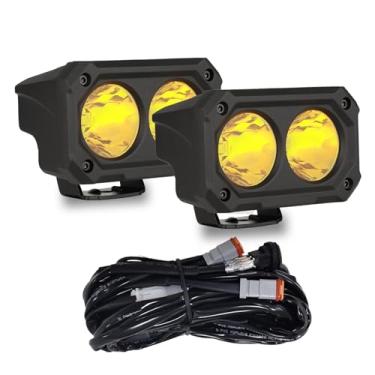Imagem de BIGLION.X Cápsulas de luz LED âmbar de 10 cm, 2 peças de farol de neblina off-road amarelo de 100 W com 5050 LED 8000lm, feixe quadrado de feixe quadrado com chicote de fiação para caminhonete SUV ATV