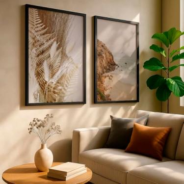 Imagem de Kit 2 Quadros Decorativos Natureza Seco Bege Praia Costeira Tons Neutros Minimalista Parede Com Moldura